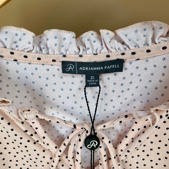 ADRIANNA PAPELL NWT frilly polka dot blouse pink 2X tie front stretchy comfort - Picture 4 of 7